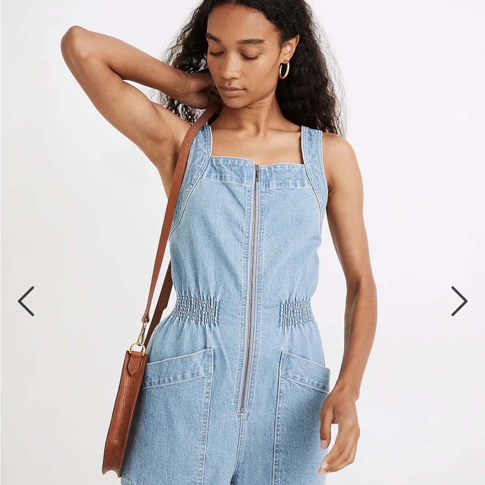Madewell Denim Zip Smock-Waist Jumpsuit in Baisley Wash — EUC Petite Med